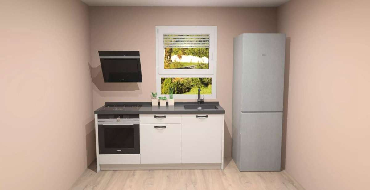 Kleine Küchenzeile aus Modulen und Elektrogeräten