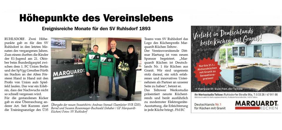 Marquardt Küchen: Zeitungsartikel Sv Ruhlsdorf